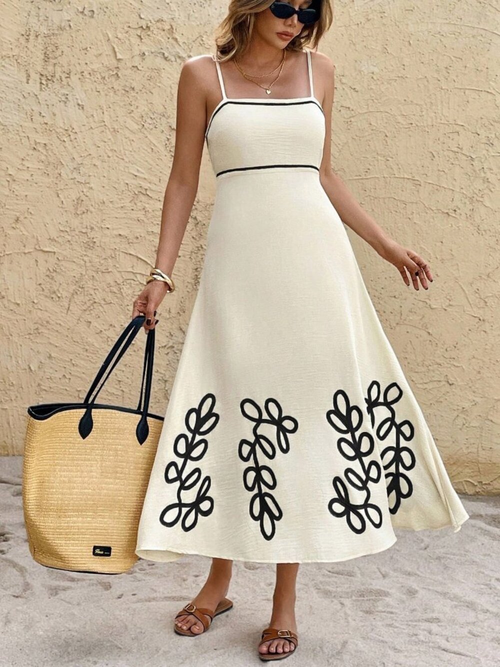 Multicolor Casual Women's Beach Botanical Print Piping Strap midi Dress - Picture 6 of 7